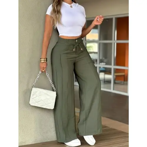 100% polyester high-waisted women’s wide-leg suit trousers with a front mid-seam, drawstring, gold buckle, and fluid drape; straight-leg casual pants for summer that require no ironing and are wrinkle-resistant; black wide-leg trousers; high-waisted elast