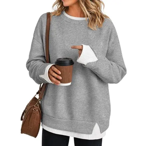 Fisoew Women's Fake Two Piece Layered Sweatshirt Air Layer Fabric Hoodie Crew Neck White Ribbed Cuff & Hem Patchwork Drop Shoulder Oversized Long Sleeve Pullover Top Hoodie Fit Casual SohoChic