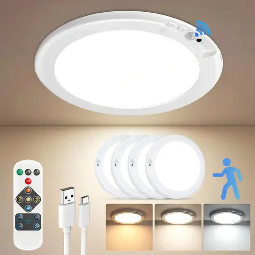 Rechargeable Motion Control Ceiling Light with Remote - 4/2/1 Pack Magnetic Cordless Battery-Powered Lamp, for Closet, Stairs, Home Supplies Ceiling Lighting, Cordless Lamp, Electronic Lamp