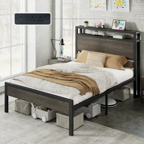 ALBOTT Modern Bed Frame with Storage Headboard & Charging Station, Industrial Metal Platform Bed with Large Under-Bed Storage, Heavy Duty Slats, No Box Spring Needed[tiktokshopbacktoschool][SohoChic]