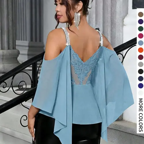 Women's Plus Size Silver Color Straps Lace Chiffon Blouse, Casual Loose Fit Lightweight Versatile Daily Wear