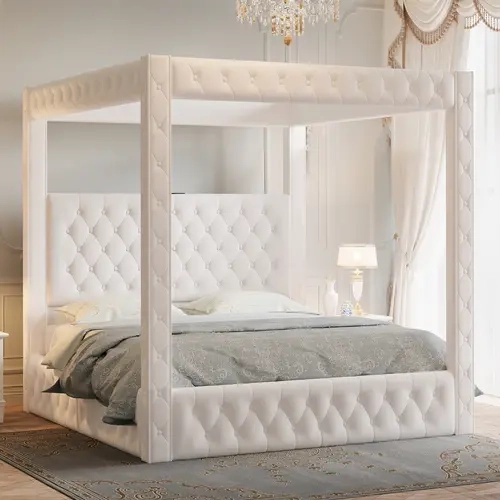 ALBOTT Upholstered Canopy Bed Frame with 74.8" Tall Four Poster and Velvet Deep-Tufted Tall Headboard with Charging Station/Modern Luxury Style/No Box Spring Needed[tiktokshopbacktoschool][SohoChic]