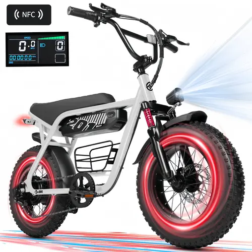 ESKUTE V201 Adult Electric Pedal-Assist Bike, 20" Fat Tire Off-Roading Bicycle, 1500W Peak Motor, 30-34 MPH, 65 Mi Range, 7-Speed Commuting, Cruise Control, Front Suspension, Smart NFC Unlock, All-Terrain, Holiday Gift