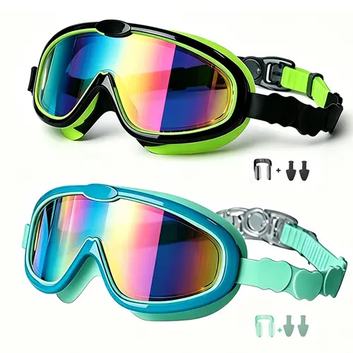 Sharkite Youth Swim Goggles Set (2-Pack) – Full Seal Waterproof, Anti-Fog UV Protective, Elastic Straps Flex for Growing Heads, with Matching Earplugs, Nose Clips, for Kids 3-15 Boys & Girls, Pool Swimming Goggles