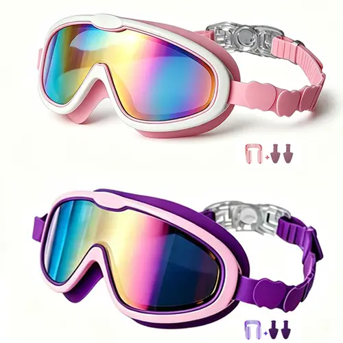 2 Pack Toddler & Kids Swim Goggles, Shatter Resistant Anti-Fog UV Protection Waterproof Swimming Goggles Complete with Ear Plugs and Nose Clips for Ages  3-15 Boys Girls