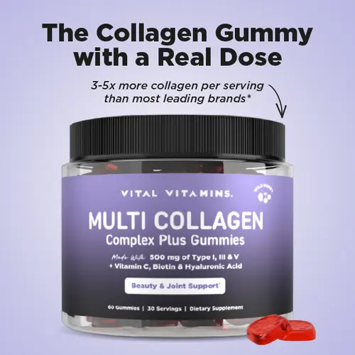 Vital Vitamins Multi Collagen Complex Plus Gummies - 500mg Collagen Types I, III & V with Hyaluronic Acid, Biotin, Vitamin C & Vitamin D - Wild Berry, 60 Gummies