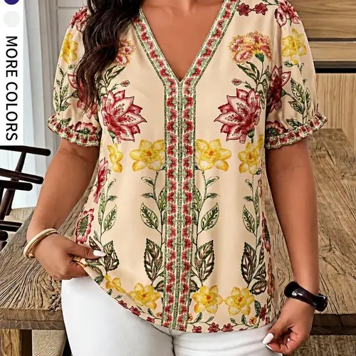 Women's Plus Size V Neck Printed Short Lantern Sleeve Ruffles Pleated Blouse, Loose Fit, Casual Elegant Style Shirt for Daily Wear, Travel, Garden and Party