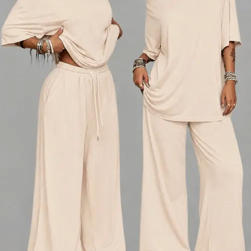 Women's Two-Piece Set, Casual Asymmetrical Neckline Top & Loose Wide-Leg Pants, Lounge Set Loungewear, Cozy Comfortable Home Wear, Ideal for Outdoor & Leisure Activities