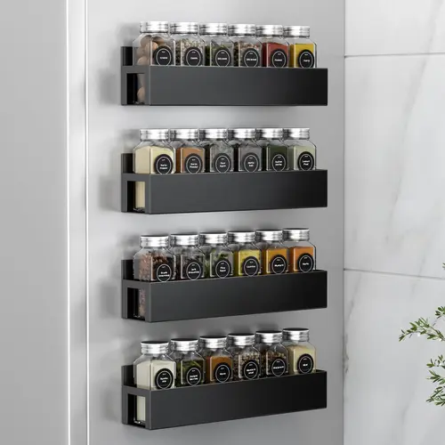 4 Pack Magnetic Spice Rack Organizer with Hooks for Refrigerator and Oven, Black Spice Seasoning Rack Fridge Organizers and Storage for Kitchen