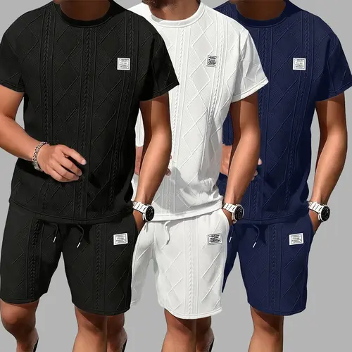 Men's 2-Piece Casual Activewear Shorts Set - Cable Diamond Textured Knitted Shortsleeve Round Neck Top & Drawstring Waist Bottoms, Drop Shoulders, Elastane Fabric, Options (Black, Black+Dark Blue)