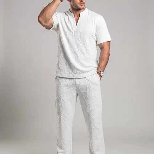 KZZ Men's 2-Piece Casual Menswear Set - Textured Shortsleeve Notched Neck Letter-Embossing Tee, Regular-Fit Elastic Drawstring Cinch Ankle Pants Fashion Apparel