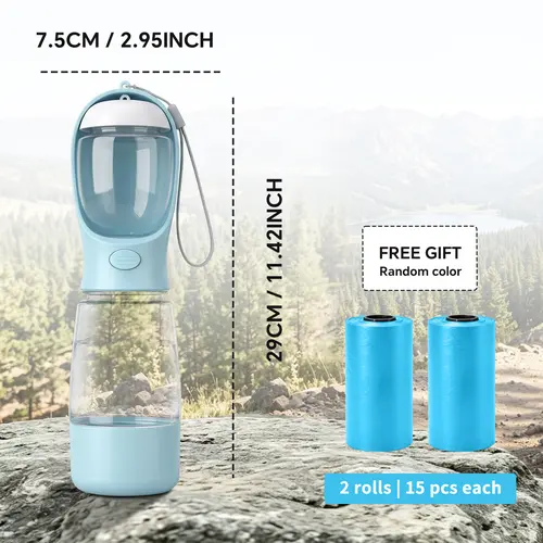 Portable 3-in-1 Dog Water Bottle,  with 2 Rolls Waste Bags (30 Pcs Total), Food Container & Built-in Poop Bag Dispenser (29cm x 7.5cm/11.42in x 2.95in) - Leak-Proof Travel Dog Cup for Walking, Hiking, with 2 Rolls Waste Bags (30 Pcs Total),back to school