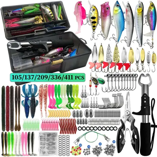 105/137/209/336/411 pcs Fishing Lure Set, Fishing Supplies, Artificial Lures with Storage Box, Includes Hard Bait, Soft Bait, Hooks, Accessories, Men's Fishing Gift