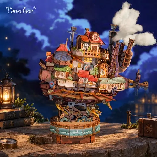 TONECHEER Whimsical DIY 3D Puzzle Transmission Model Kit - Walking Castle, 13+ Ages, 20 Warm LED Bulbs, Built-in Music Box, Touch Control, Detachable House, Collectible Display, Type-C, No Glue Included, High-Quality Safe Environment-Friendly, 3D Pieces