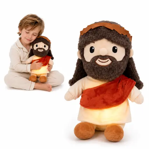 Christian-Themed Breathing Jesus Plush Doll - Huggable Stuffed Animal with Cute Jesus Design, Soft Body, Gentle Breathing Motion, Soft Glow, Brown Hair-Beard, Cream Robe, Red Sash - Kids' Bedroom Companion, Nursery-Style Room Decor, Prayer Corner Gift