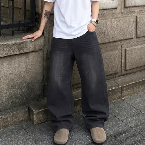 Men's 90s Baggy Denim Jeans,Washed Charcoal Black Loose Fit Jeans,Y2K Streetwear Retro Whiskered Wide Leg Pants,Casual Skater Vintage Denim Bottoms,baggy wide-leg denim jean Durability Garment