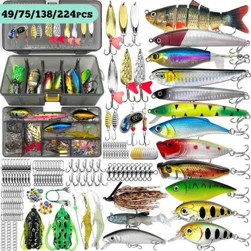 49/75/138/224 Pcs Fishing Lure Set with Storage Box, Fishing Tackle Kit, Outdoor Fishing Equipment, Fishing Supplies, Full Assortment of Artificial Baits, Including Soft Lures, Hard Lures and Full Accessories. Ideal Gift Choice