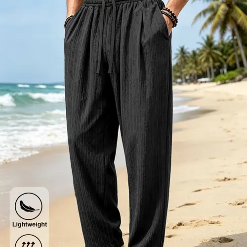 Men's Streetwear Quick-Dry Polyester Beach Ankle Pants - Elastic Drawstring High Waist, Relaxed Fit Straight, Lightweight Breathable Textured, Wrinkle-Free, Side Pockets for Summer Vacation, Travel