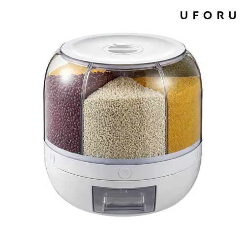 UFORU Sturdy 360° Rotating ABS Transparent Kitchen Grain Storage Organiser, 6 Independent Compartments, Push Button Dispenser, 10.6×10.6in, 13lb Capacity, 3.96lb Weight, for Cooking Meal Prep (Check Dimensions Before Ordering)