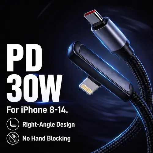 PD30W Lightning Right Angle Durable Braided Nylon Fast Charging Cable (3.3Ft/6.6Ft) with 33W Charging Combo, Wired for iPhone 8-14 Pro Max, iPad, AirPods, Smartphone, Cellphone, Mobile Electronic Devices, Back to School Gaming Use