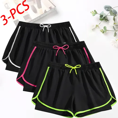 3-pack women’s double-layer anti-exposure quick-dry sports shorts, with inner lining and zippered pockets, featuring fluorescent side stripes for running and fitness