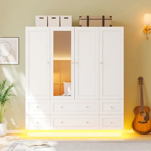 VOWNER 63" Wardrobe Armoire with Full-Length Mirror, 6 Drawers, RGB LED Base Lights, 4-Door Closet Cabinet with 2 Hanging Rods, Storage Shelves & Anti-Tip Kit, White