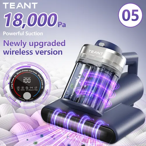 Teant Upgrade Mattress Vacuum Cleaner(05),18KPa Suction,  Dust Sensor, UV & Ultrasonic Dust Mite Removal,33000 RPM Tapping,Aroma Tablet, Pet Hair Cleaner for Bed, Sofa, Handheld Vacuum Cordless, Wireless Vacuum,summerwins, Mattress Cleaner Vacuums, Compac