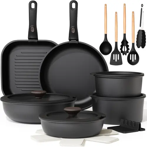 Astercook 22 Piece Pots and Pans Set Non Stick, Detachable Handle, Steak Frying Pan, Egg Pan, PFOA-Free, Oven Safe, Space-Saving, Induction Compatible, Father's Day Gift for Men