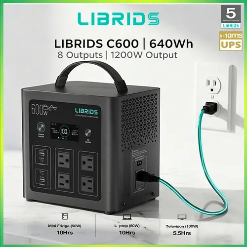 LIBRIDS Portable Power Station C600, 640Wh LiFePO4 Battery, 600W (Peak 1200W) Solar Generator, 1.5H Fast Charge, 10ms UPS, 8 Ports(4 AC) for Camping, Home Backup & Outages