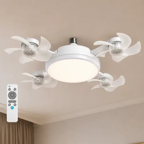 Ceiling Fan Light with Remote Control, 19.69 Inch Screw inLED Fan Light, E26/E27 Base Foldable Ceiling Fan with 4Fan Heads, Quiet Airflow & Bright Lighting, EasyInstallation for Bedroom, Living Room, Kitchen, Office,Dorm, Small Room Use