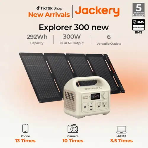 Jackery Solar Generator 300, 292Wh Power Station, 300W Pure Sine Wave AC Outlet for RV Outdoors Camping Travel Blackout(Dune White)