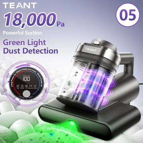 Teant 05 Handheld Anti-Dust Mite Mattress Vacuum Cleaner, 18kPa Suction, 33000 RPM Tapping, Dust Sensor, Green Light Detection, UV-Ultrasonic Removal, Aroma Odor Refresh Tablet, 99.97% HEPA Filter, 5-Meter Cord, 4.18lbs, for Bed, Sofa, Baby Crib