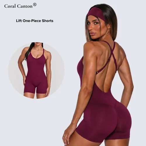Coral Canton Seamless Women's Cross Back Slim Fit One Piece Shorts