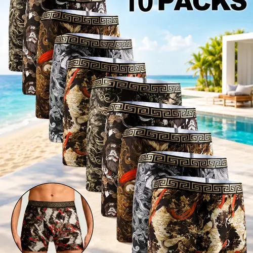 10-Pack Men’s All-Over Print Boxer Briefs, Soft Breathable Stretch Underwear, Quick Dry Boxers for Daily Wear