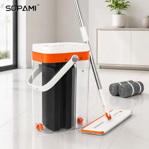 SOPAMI 3-Tank Hands-Free No-Rinse Flat Mop with Bucket, Clean-Dirty Water Separation System, 360° Rotating Dry-Wet Dual-Use Microfiber Mop for Hardwood, Tile, Kitchen Deep Cleaning