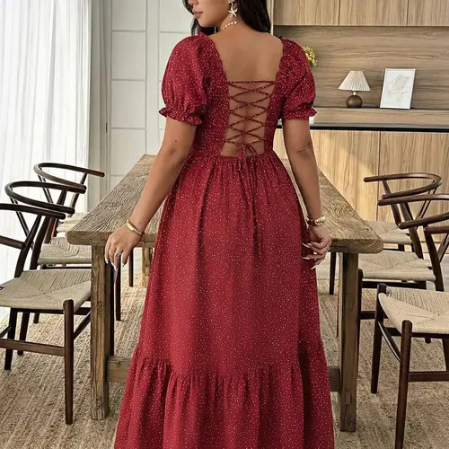 Plus Size Boho Style Short Sleeve Dress, Butterfly Knot Tie, Ruffled Hem, Elegant Long Dress, Perfect for Holidays and Vacations