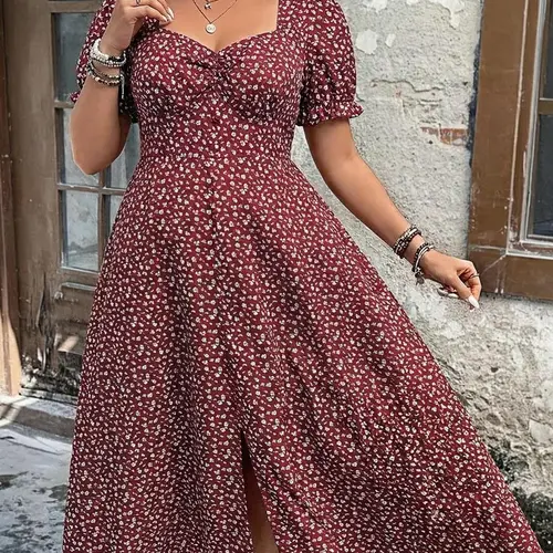 Plus Size Floral Print Long Dress, Elastic Waist Square Neck Knot Design, Casual Daily Wear, Comfortable Fit, Ruffled Short Sleeve, Elegant Style