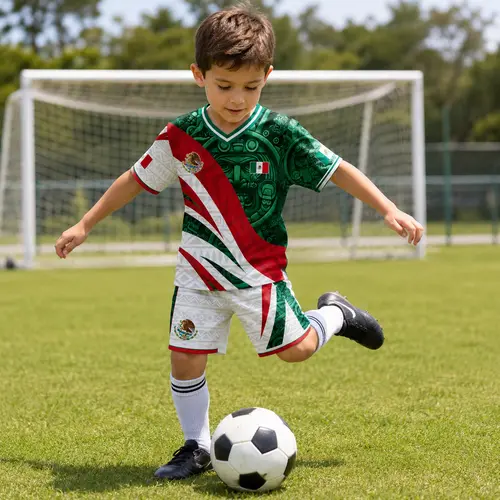 Kids' Mexico National Team Soccer Futbol Kit - Breathable Quick-Dry 2-Piece Shirt & Shorts Set with Green-White-Red Eagle Print, Athletic Practice Outfit for Ages 4-12 Sports Gift, Sports Clothing Set, 2 Piece Sets