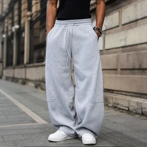 Men's Polyester High-Waisted Lounge Joggers - Relaxed Wide-Leg Sweatpants with Side Pockets, Elastic Drawstring, Simple Curved Seams, Casual Athletic Joggers, Breathable Smooth All-Season Streetwear Trousers for Hip Hop Enthusiasts, Standard Sizes