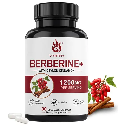 VYHTHY Premium Pure Berberine HCl 1200mg + Plant-Based Ceylon Cinnamon 100mg Veggie Capsule Supplement Stack - GMO-Free Gut Health Vitamins Supplements, Blood Sugar Support, Bloat Relief - 90 Caps (45-Day Supply)