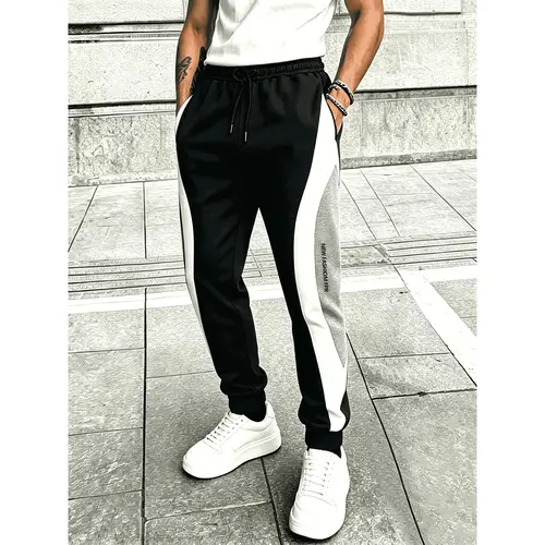 Men's Color Block Cuffed Athletic Pants - Polyester Gym Wear, Curved Stripes, Black White Grey Side Stripe Letter Print, Elastic Drawstring Waist, Tapered Cuff, Side Pockets, Breathable Soft Loose Fit, Casual All Seasons, Do Not Dry Clean (Men's Bottoms),