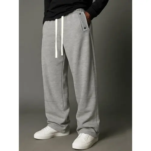 Men's Wide Leg Straight Sweatpants, Side Snap Button Cargo Pocket Elastic Drawstring Waist Relaxed Fit Jogger Trousers, Minimalist Streetwear Soft Lightweight Casual Loose Pants for Gym Walking Daily Outfits