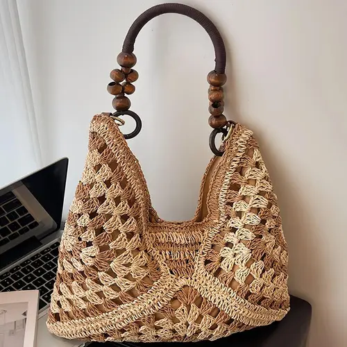 Women's Handmade Crochet Straw Tote Bag - Casual Crossbody Fashion Bag, Adjustable Lightweight Woven Shoulder Purse with Zipper, Summer Beach Sports & Outdoor Accessory, Gift for Women, Casual Crossbody Bags, Accessories For Women