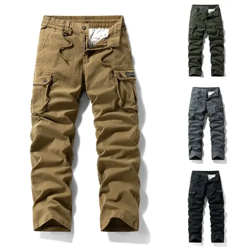 Men’s cotton cargo pants with multiple pockets, elastic drawstring waist, relaxed fit, heavy-duty tactical work pants—outdoor hiking casual trousers for men