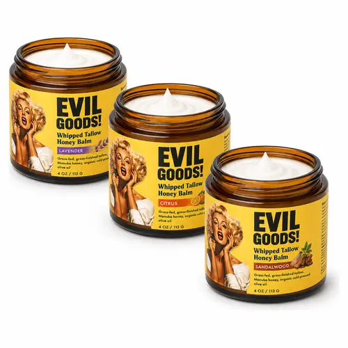 EVIL GOODS 3-PACK Organic Whipped Beef Tallow & Manuka Honey Unscented Skin Care Set - Daily Sensitive Skin Repair, Nourishing Face Cream, Body Lotion, Lip Balm with 100% Natural Ingredients for Body Care