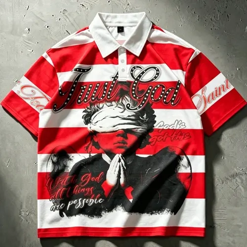 Men's American Retro Religious Theme Striped, Short Sleeve Summer Polo Shirts T-Shirt with Blindfolded Praying Angel Print & "Trust God" Slogan in Red & White