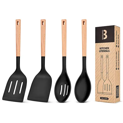 BADIANO Matte Silicone Cooking Utensils Set for Nonstick Cookware - BPA-Free, Heat-Resistant, Large Solid & Slotted Spoons, Spatulas with Wooden Handle (Grey) - Ideal for Frying, Mixing