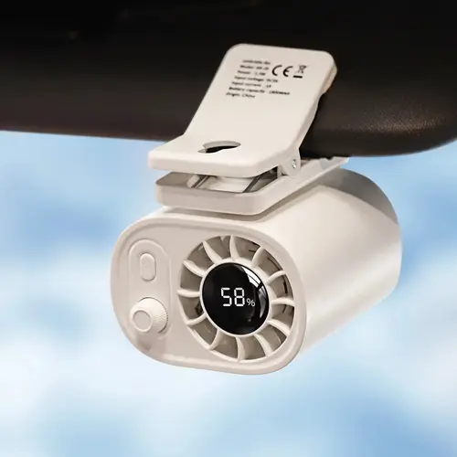 Clip-on Car Fan (with LED Display) — 360° Rotation, Adjustable Speed; Rechargeable Portable Fan Suitable for Cars, Homes, and Offices