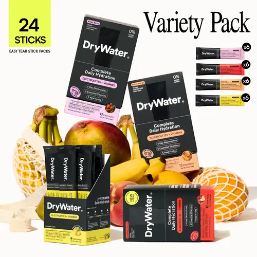 DryWater Variety Pack | Daily Hydration Powder Packets | 1,000mg Potassium | Real Fruit | Nothing Artificial | No Added Sugar | Clean & Tested (24 Stick Packs)