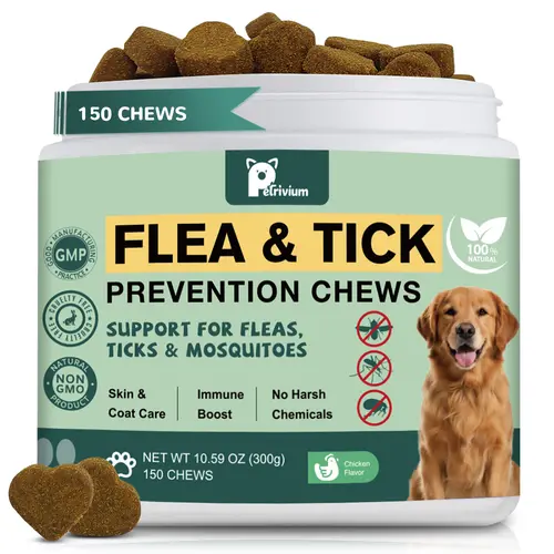 Petrivium 150 Chews Dog Flea & Tick Support Chewables - Natural, Chemical-Free Oral Supplement with Rosemary, Chicken Flavor, Suitable for All Breeds & Sizes, Daily Care Pet Health Support sohochic